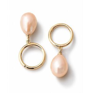 Large Pink Freshwater Pearl Drop Dangle Earrings, Gold Tone